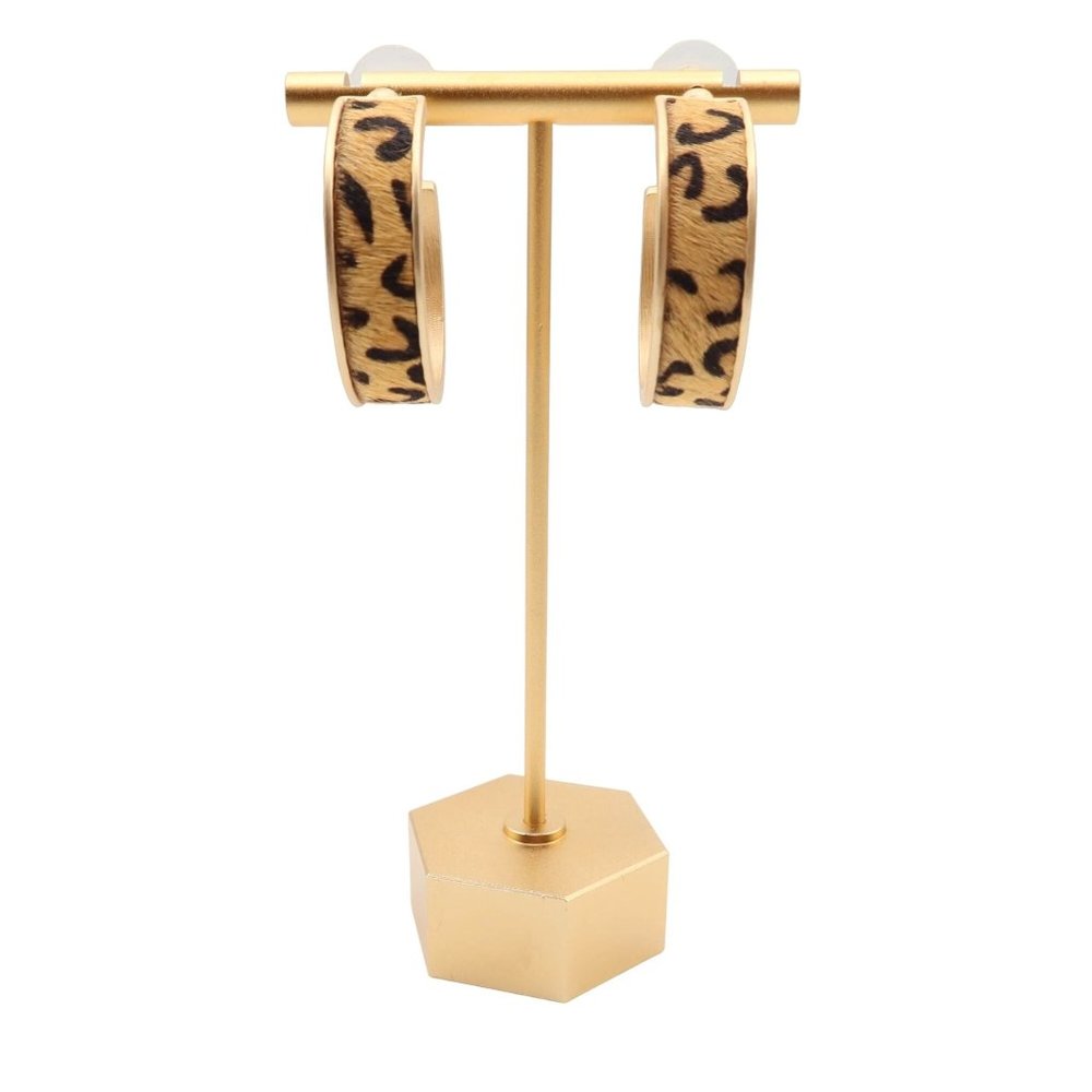 Unsigned Leopard Print Faux Calf Hair Goldtone Hoop Post Earrings